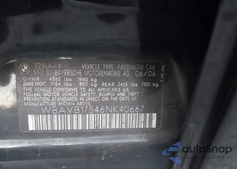 2006 BMW 325I z USA, uszkodzony, nr VIN WBAVB17546NK40667